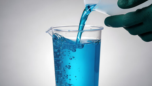 Pouring Blue Liquid Fertilizer or Chemical Solution into Plastic Measuring Beaker in Laboratory