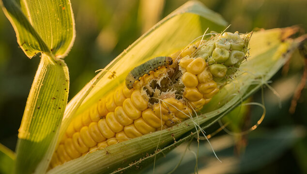 Close Up of Corn Earworm Caterpillar Eating Fresh Yellow Corn Cob in Agricultural Field