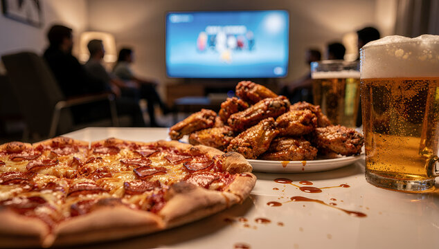 Close Up of Pizza and Chicken Wings on Table with Friends Watching Sports Match on TV Background