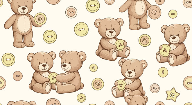 Cute teddy bears holding buttons on cream background seamless pattern