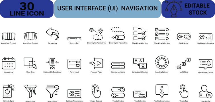 Thirty user interface navigation icons set for website mobile application design features including search filters toggle switches gestures and menu lists.