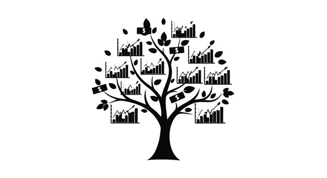 black tree silhouette with financial graphs and charts