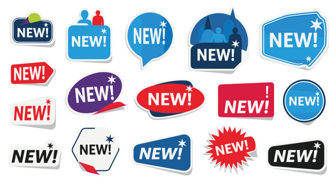 Collection of colorful new stickers and labels in various shapes for marketing, retail, and promotional purposes.