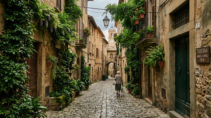 Obraz premium Atmospheric view down an ancient cobblestone street lined with historic rustic stone architecture