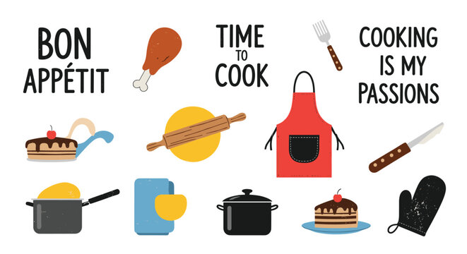 Cooking and baking themed collection with kitchen utensils, food items, and motivational quotes for home chefs.
