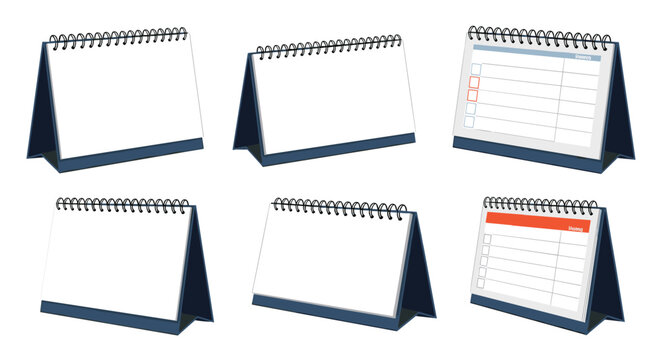 Collection of blank desk calendars with spiral binding and blue bases provides a template for schedule planning and organization.