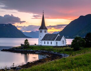 Fototapeta premium Serene church, scenic fjord, mountains, sunset, long exposure