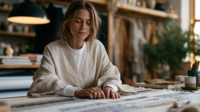 Single female textile designer in a studio arranging washi tape pattern samples across a wide work surface with focused creative evaluation conveying craft and design process for