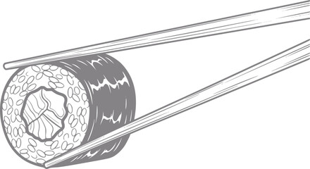 Chopsticks holding a delicious sushi roll with salmon filling © HasnaHena55