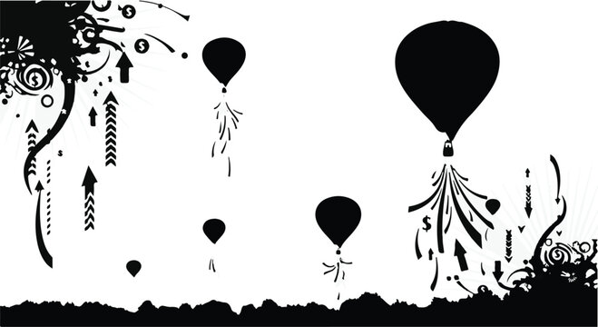 Hot air balloons ascend from a dark ground with abstract elements.