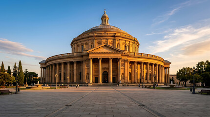 Obraz premium Majestic classical architectural masterpiece viewed from a wide perspective against a bright blue sky during golden hour