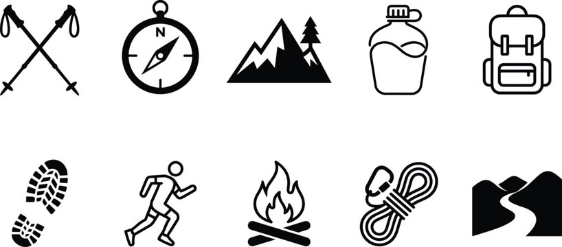 Hiking Camping Adventure Icon Set Featuring Mountains Backpack Compass Bonfire Trail and Outdoor Vector Illustrations