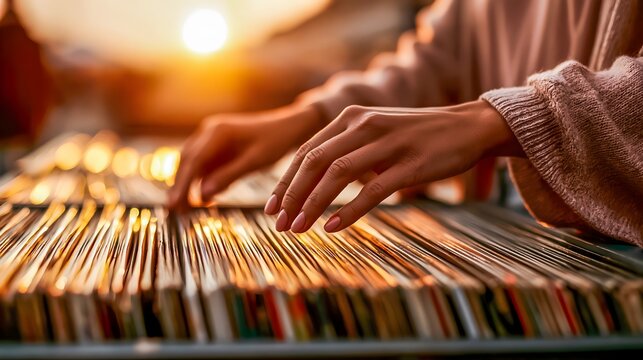 Woman Hands Browsing Vinyl Records at Outdoor Flea Market Golden Hour Nostalgic Lifestyle