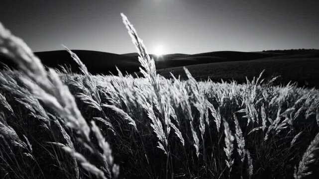 Black and white close up of tall grass swaying in the wind with sun shining behind hills