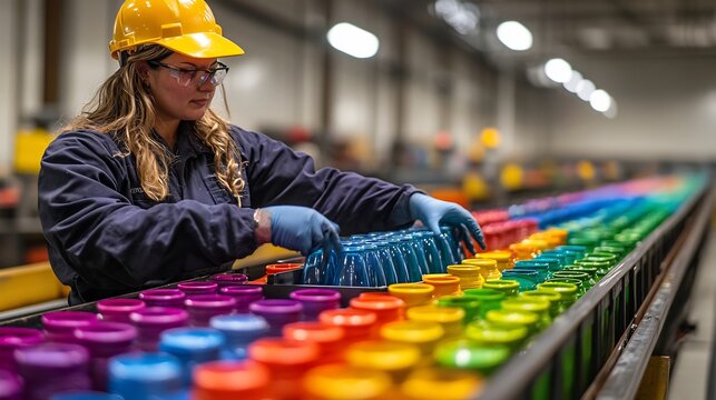 Factory worker in yellow hard hat and blue overalls sorting colorful plastic containers on a production conveyor belt