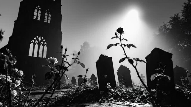 Spooky gothic graveyard scene with sun rays shining over roses and old church in black and white
