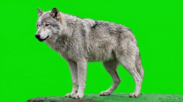 Grey wolf standing on a rock ledge against a green screen