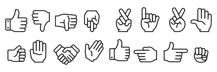 Fototapeta premium Hand Gestures Icon Set Featuring Handshake Clapping Hands Horns Thumb Up Finger Middle Finger Helping Hand Heart Symbol and Communication Signs
