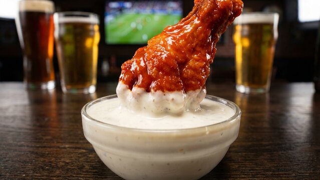 Spicy Buffalo Chicken Wing Dipped in Ranch Dressing at Sports Bar with Beer