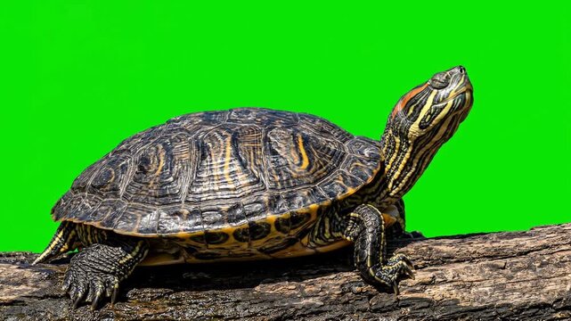 Red Eared Slider Turtle Basking on a Log with Green Screen