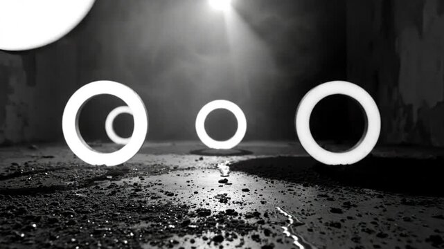 Mysterious atmosphere with glowing orbs and rays of light emanating in an abandoned space