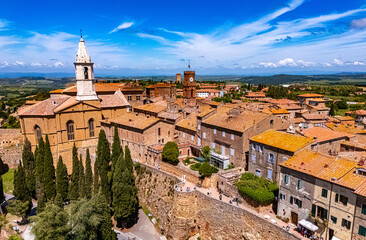 Obraz premium Aerial view of Pienza, a town in the province of Siena, Tuscany, in the historical region of Val d'Orcia, Italy. UNESCO World Heritage Site
