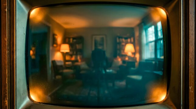 Curved Glass CRT Television Screen Reflecting Room Warm Amber Phosphor Glow Nostalgic Macro Cinematic