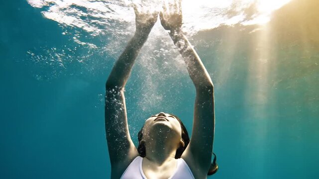 Person submerged underwater with arms raised in sunlit blue aquatic environment