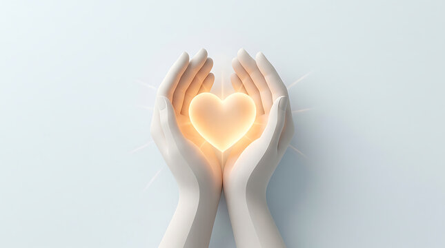 Human hands cup glowing heart signifying love and compassionate support