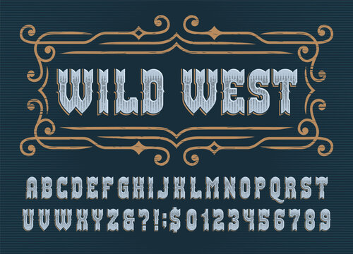 Wild West alphabet font. Faded distressed letters and numbers with a dirty scratched texture. Vector typescript for vintage labels, poster headlines, badge design, and old signage.