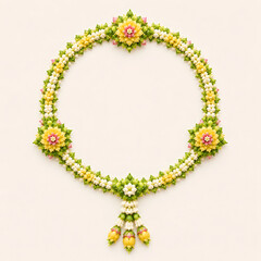 Naklejka premium Traditional Thai Floral Garland Circular Wreath with Yellow and Green Flowers Isolated on White Background