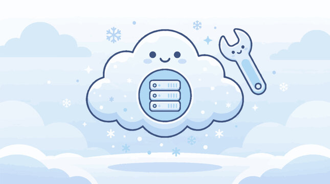 Cute cartoon cloud character with server icon and wrench for cloud maintenance.