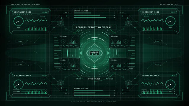 User interface showing data in a central targeting display with different feed inputs and metrics in dark green colors
