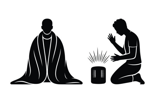 Wrapped person and prayer silhouette vector illustration with silhouette, kneeling