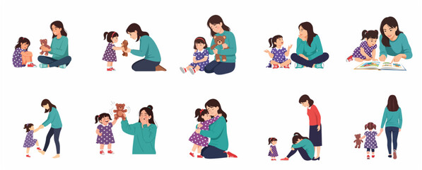 Fototapeta premium Set of Illustrations Depicting Mother and Daughter Bonding, Comforting, and Various Family Life Emotions Isolated on White