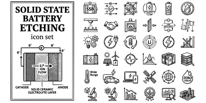 Solid State Battery Etching Black White-Ceramic Electrolyte Interface Layer-Advanced BESS Vector-Solid Icon Etching-Battery Storage Design Set