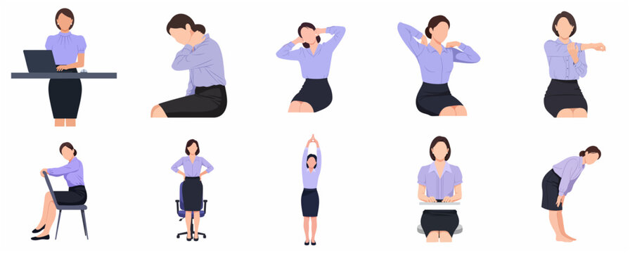 Set of business woman characters performing office stretching exercises and workstation ergonomics to relieve neck and back pain