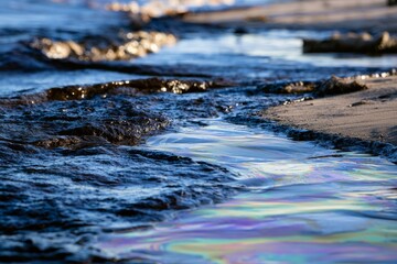 Obraz premium Water flows along the shore showing colors under sunlight near a beach in the early morning hours