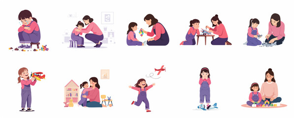 Fototapeta premium Mother Comforting Crying Daughter and Fixing Broken Toy Together Flat Vector Illustration Set