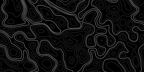 topographic seamless abstract topographic map pattern design with gray contour lines on a black background surface view. Topographic map lines, contour background. © Noor