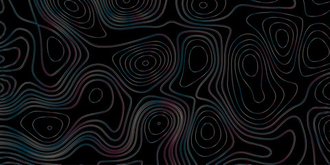 Fototapeta premium topographic seamless abstract topographic map pattern design with gray contour lines on a black background surface view. Topographic map lines, contour background.