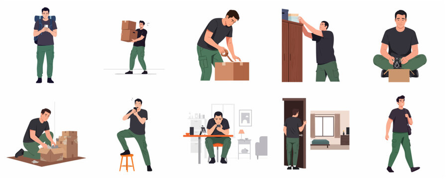 Vector Illustration Set of a Young Man Moving House, Packing Boxes, and Daily Activities