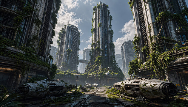 Post-apocalyptic futuristic city overtaken by lush vegetation, featuring abandoned spacecraft, decaying skyscrapers, urban ruins, and nature reclaiming a once advanced civilization.