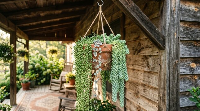 Cozy Rustic Porch with Hanging Terracotta Pot of Trailing Succulents