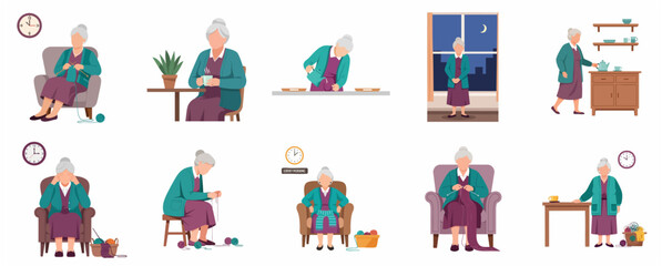 Elderly Woman Daily Routine and Hobbies Character Set Vector Illustration © Arne