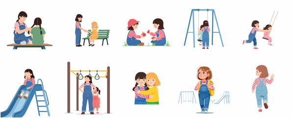 Fototapeta premium Vector Illustration Collection of Little Girls in School and Playground Activities Showing Friendship and Emotions