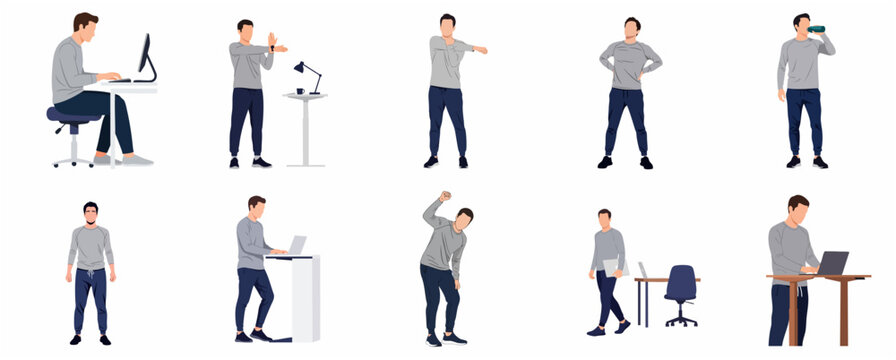 Set of man working at desk and performing stretching exercises for healthy office routine
