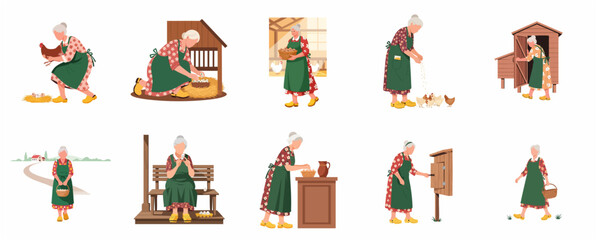 Elderly woman farmer character set engaged in poultry farming activities including collecting eggs and feeding chickens in a flat illustration style © Alara