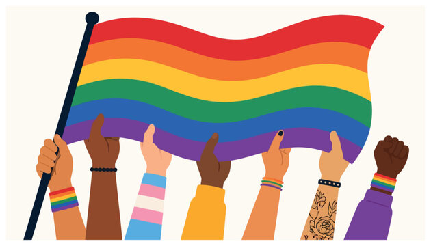 Diverse hands holding rainbow flag.