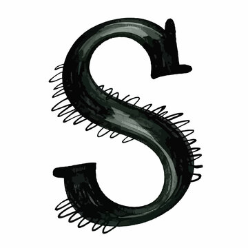 Hand-drawn black ink calligraphy letter S with splatter texture on white background